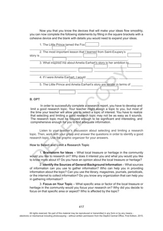 D
EPED
C
O
PY
All rights reserved. No part of this material may be reproduced or transmitted in any form or by any means -
electronic or mechanical including photocopying – without written permission from the DepEd Central Office. First Edition, 2015.
 