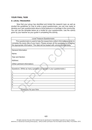 D
EPED
C
O
PY
.
All rights reserved. No part of this material may be reproduced or transmitted in any form or by any means -
electronic or mechanical including photocopying – without written permission from the DepEd Central Office. First Edition, 2015.
 
