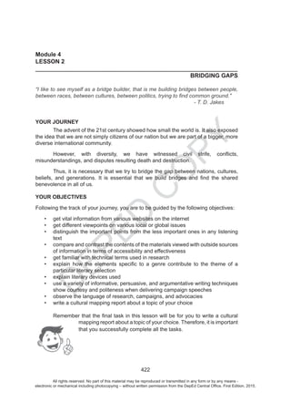 D
EPED
C
O
PY
All rights reserved. No part of this material may be reproduced or transmitted in any form or by any means -
electronic or mechanical including photocopying – without written permission from the DepEd Central Office. First Edition, 2015.
 