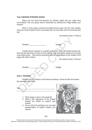 D
EPED
C
O
PY
All rights reserved. No part of this material may be reproduced or transmitted in any form or by any means -
electronic or mechanical including photocopying – without written permission from the DepEd Central Office. First Edition, 2015.
 