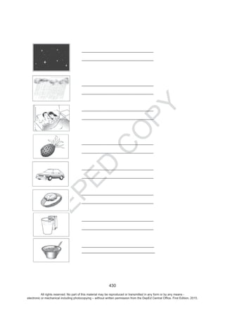 D
EPED
C
O
PY
All rights reserved. No part of this material may be reproduced or transmitted in any form or by any means -
electronic or mechanical including photocopying – without written permission from the DepEd Central Office. First Edition, 2015.
 