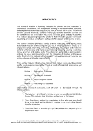 D
EPED
C
O
PY
, each of which
All rights reserved. No part of this material may be reproduced or transmitted in any form or by any means -
electronic or mechanical including photocopying – without written permission from the DepEd Central Office. First Edition, 2015.
 