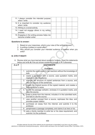 D
EPED
C
O
PY
All rights reserved. No part of this material may be reproduced or transmitted in any form or by any means -
electronic or mechanical including photocopying – without written permission from the DepEd Central Office. First Edition, 2015.
 