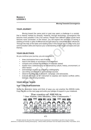 D
EPED
C
O
PY
All rights reserved. No part of this material may be reproduced or transmitted in any form or by any means -
electronic or mechanical including photocopying – without written permission from the DepEd Central Office. First Edition, 2015.
 
