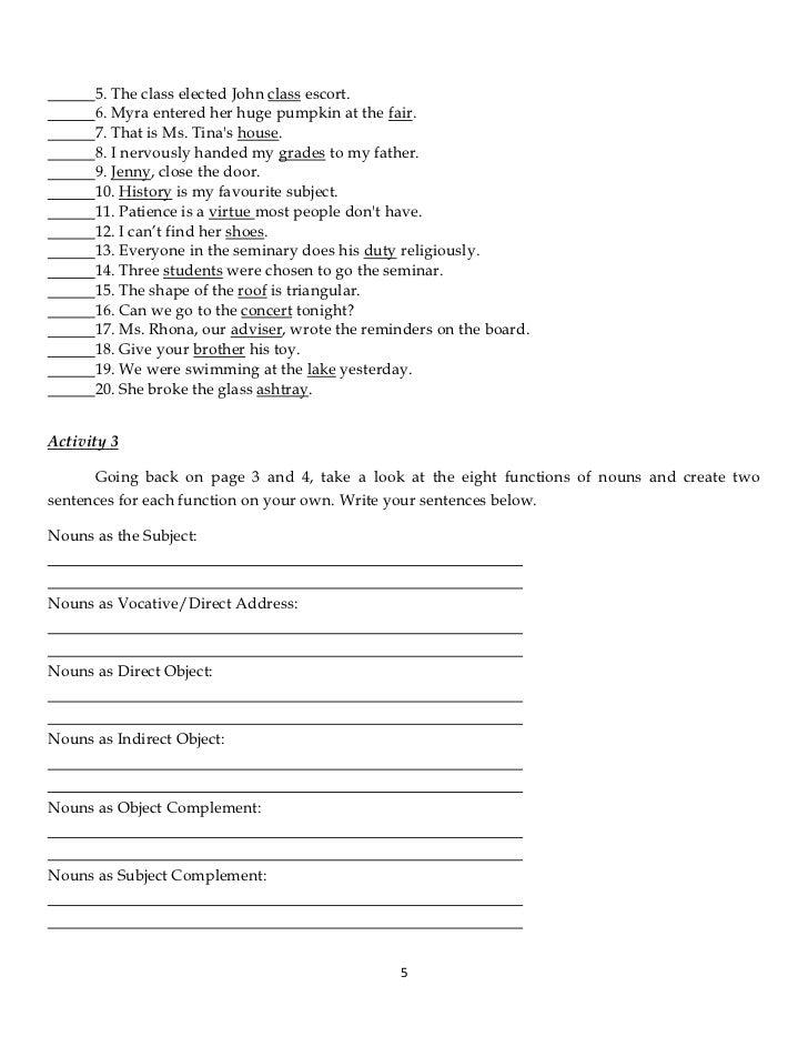 Objective Functions Of Nouns Worksheets For Grade 4