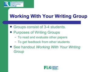 Working With Your Writing Group

   Groups consist of 3-4 students.
   Purposes of Writing Groups
    –   To read and evaluate other papers
    –   To get feedback from other students
   See handout Working With Your Writing
    Group
 