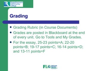 Grading

   Grading Rubric (in Course Documents)
   Grades are posted in Blackboard at the end
    of every unit. Go to Tools and My Grades.
   For the essay, 25-23 points=A; 22-20
    points=B; 19-17 points=C; 16-14 points=D;
    and 13-11 points=F
 