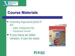 Course Materials

   Inventing Arguments Brief 3rd
    Ed.
    –   ISBN: 9780840027764
    –   Paperback Version
   If you have an older
    version, it can be used.
 