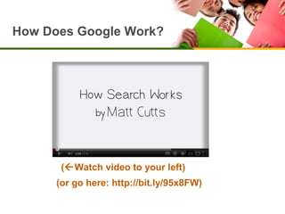 How Does Google Work?

(Watch video to your left)
(or go here: http://bit.ly/95x8FW)

 