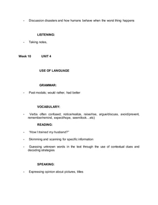 - Discussion disasters and how humans behave when the worst thing happens 
LISTENING: 
- Taking notes, 
Week 10 UNIT 4 
USE OF LANGUAGE 
GRAMMAR: 
- Past modals; would rather, had better 
VOCABULARY: 
- Verbs often confused; notice/realize, raise/rise, argue/discuss, avoid/prevent, 
remember/remind, expect/hope, seem/look…etc) 
READING: 
- “How I trained my husband?” 
- Skimming and scanning for specific information 
- Guessing unknown words in the text through the use of contextual clues and 
decoding strategies 
SPEAKING: 
- Expressing opinion about pictures, titles 
 