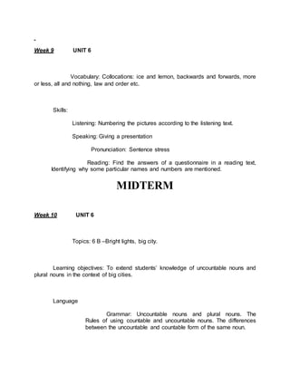 Week 9 UNIT 6 
Vocabulary: Collocations: ice and lemon, backwards and forwards, more 
or less, all and nothing, law and order etc. 
Skills: 
Listening: Numbering the pictures according to the listening text. 
Speaking: Giving a presentation 
Pronunciation: Sentence stress 
Reading: Find the answers of a questionnaire in a reading text, 
Identifying why some particular names and numbers are mentioned. 
MIDTERM 
Week 10 UNIT 6 
Topics: 6 B –Bright lights, big city. 
Learning objectives: To extend students’ knowledge of uncountable nouns and 
plural nouns in the context of big cities. 
Language 
Grammar: Uncountable nouns and plural nouns. The 
Rules of using countable and uncountable nouns. The differences 
between the uncountable and countable form of the same noun. 
 