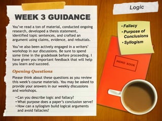 WEEK 3 GUIDANCE
You’ve read a ton of material, conducted ongoing
research, developed a thesis statement,
identified topic sentences, and crafted an
argument using claims, evidence, and rebuttals.
You’ve also been actively engaged in a writers’
workshop in our discussions. Be sure to spend
some time in the gradebook before proceeding. I
have given you important feedback that will help
you learn and succeed.
Opening Questions
Please think about these questions as you review
this week’s course materials. You may be asked to
provide your answers in our weekly discussions
and workshops.
• Can you describe logic and fallacy?
• What purpose does a paper’s conclusion serve?
• How can a syllogism build logical arguments
and avoid fallacies?
 