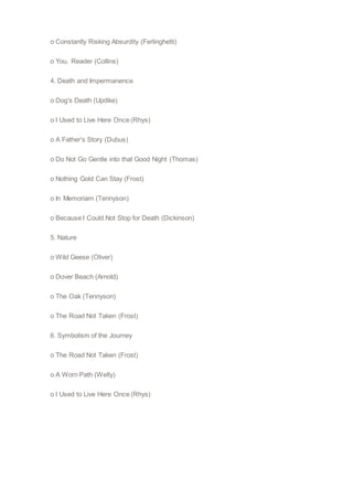 o Constantly Risking Absurdity (Ferlinghetti)
o You, Reader (Collins)
4. Death and Impermanence
o Dog’s Death (Updike)
o I Used to Live Here Once (Rhys)
o A Father’s Story (Dubus)
o Do Not Go Gentle into that Good Night (Thomas)
o Nothing Gold Can Stay (Frost)
o In Memoriam (Tennyson)
o Because I Could Not Stop for Death (Dickinson)
5. Nature
o Wild Geese (Oliver)
o Dover Beach (Arnold)
o The Oak (Tennyson)
o The Road Not Taken (Frost)
6. Symbolism of the Journey
o The Road Not Taken (Frost)
o A Worn Path (Welty)
o I Used to Live Here Once (Rhys)
 