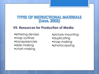 TYPES OF INSTRUCTIONAL MATERIALS
(Leus, 2002)
VII. Resources for Production of Media
lettering devises
map outlines
transparencies
slide making
chart making

picture mounting
duplicating
map making
photocopying

 