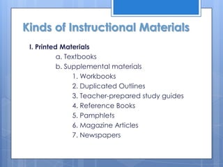 Kinds of Instructional Materials
I. Printed Materials
a. Textbooks
b. Supplemental materials
1. Workbooks
2. Duplicated Outlines
3. Teacher-prepared study guides
4. Reference Books
5. Pamphlets
6. Magazine Articles
7. Newspapers

 