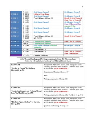 5


               F   10/11     Oral Report Group 3                        Oral Report Group 3
WEEK 8         T    10/16    Midterm Essay Exam
               F   10/19     Oral Report Group 4                        Oral Report Group 4
WEEK 9         T    10/23    Peer Critiques of Essay #2                 Rough Draft of Essay #2
               F   10/26                                                Final Copy of Essay #2
WEEK 10        T   10/30     Oral Report Group 5                        Oral Report Group 5 /
                                                                        Essay #3 Proposal Due
               F   11/02                                                Journal #5 Due
WEEK 11        T   11/06     Oral Report Group 6                        Oral Report Group 6
               F   11/09
WEEK 12        T   11/13     Oral Report Group 7                        Oral Report Group 7
               F   11/16
WEEK 13        T    11/20    Peer Critiques of Essay #3                 Rough Draft of Essay #3
               F   11/23     NO CLASS
WEEK 14        T 11/27       Commercial Workshop                        Final Copy of Essay #3
               F 11/29       Commercial Workshop
WEEK 15        T 12/04       Oral Report Group 8 / Portfolio            Oral Report Group 8
                             Workshop
               F 12/07       Presentations (1)
WEEK 16        T 12/11       Presentations (2)                          Final Copy of Essay#4 /
                                                                        Final Portfolio Due
               F    12/14    Common Exam Day

           List of Journal Readings and Writing Assignments: From The Mercury Reader
                   Note: You will read other selections from MR in addition to these.

JOURNAL #1                                Assignment: Write 250+ words, total, in response to the
                                          following questions in the textbook. Your total word count
“Serving in Florida” by Barbara           is 250+ words. (Type all Journals.)
Ehrenreich (p. 76)
                                           Questions on Meaning: #1 on p.107

                                          AND

                                          Writing Assignments: #2 on p. 108




JOURNAL #2                                Assignment: Write 250+ words, total, in response to the
                                          following questions in the textbook. Your total word count
“Hooked on Gadgets and Paying a Mental    is 250+ words. (Type all Journals.)
Price” by Matt Richtel (p. 173)
                                          Writing Assignments: Choose either #1, #2, or #3 (p.184)

JOURNAL #3                                Assignment: Write 250+ words, total, in response to the
                                          following questions in the textbook. Your total word count
“The Case Against College” by Caroline    is 250+ words. (Type all Journals.)
Bird (p. 102)
                                          Questions on Meaning: #1 on p. 142
 