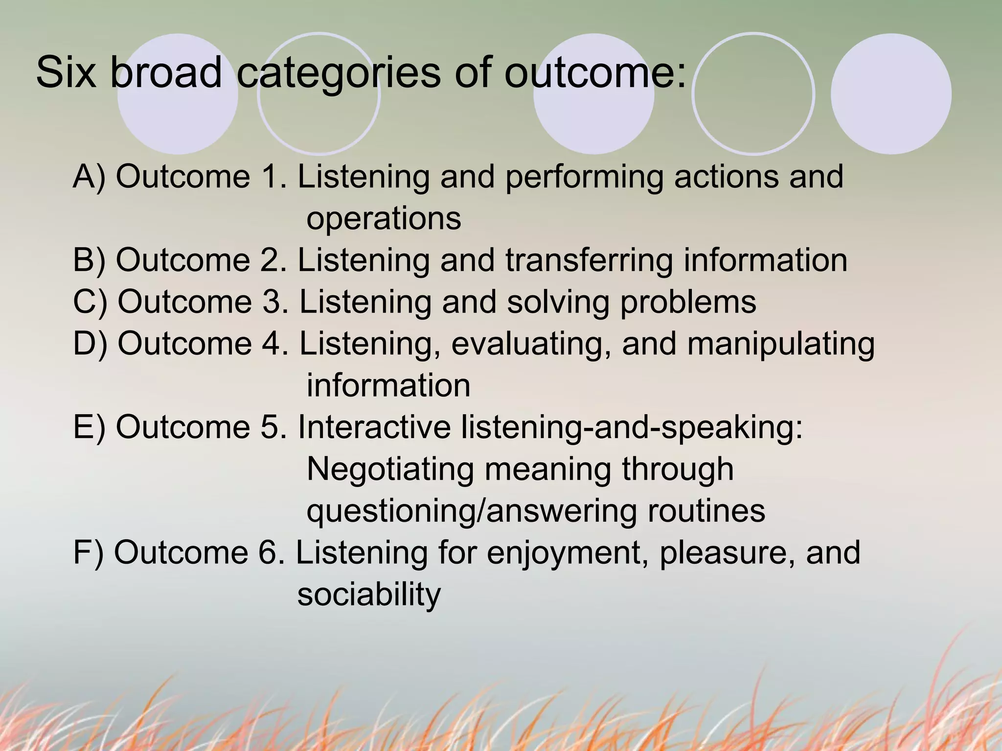Six broad categories of outcome:  A) Outcome 1. Listening and performing actions and  operations B) Outcome 2. Listening and transferring information C) Outcome 3. Listening and solving problems  D) Outcome 4. Listening, evaluating, and manipulating  information E) Outcome 5. Interactive listening-and-speaking:  Negotiating meaning through  questioning/answering routines  F) Outcome 6. Listening for enjoyment, pleasure, and  sociability  