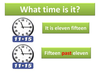 What time is it?
It is eleven fifteen

Fifteen past eleven

 
