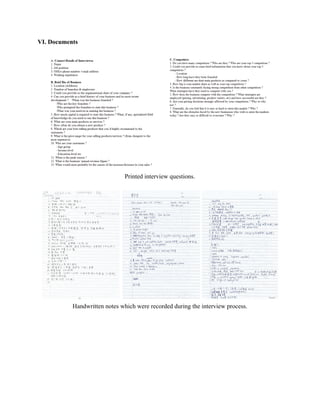 VI. Documents 
 
 
Printed interview questions. 
 
 Handwritten notes which were recorded during the interview process. 
 
 
 
 
 
 
 
   
 