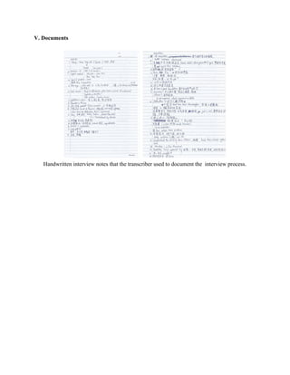 V. Documents  
 
   
Handwritten interview notes that the transcriber used to document the  interview process.  
 
 
 
 
 
 
 
   
 