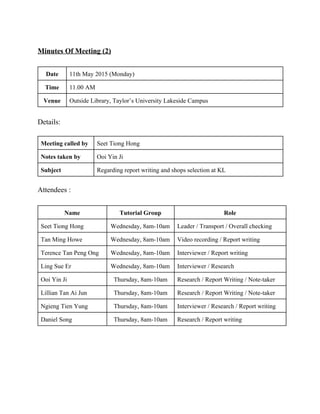  
Minutes Of Meeting (2) 
 
Date  11th May 2015 (Monday) 
Time  11.00 AM 
Venue  Outside Library, Taylor’s University Lakeside Campus 
 
Details: 
 
Meeting called by  Seet Tiong Hong 
Notes taken by  Ooi Yin Ji 
Subject  Regarding report writing and shops selection at KL 
 
Attendees : 
 
Name   Tutorial Group  Role 
Seet Tiong Hong  Wednesday, 8am­10am  Leader / Transport / Overall checking  
Tan Ming Howe  Wednesday, 8am­10am  Video recording / Report writing 
Terence Tan Peng Ong  Wednesday, 8am­10am  Interviewer / Report writing 
Ling Sue Er  Wednesday, 8am­10am  Interviewer / Research  
Ooi Yin Ji  Thursday, 8am­10am  Research / Report Writing / Note­taker 
Lillian Tan Ai Jun  Thursday, 8am­10am  Research / Report Writing / Note­taker 
Ngieng Tien Yung  Thursday, 8am­10am  Interviewer / Research / Report writing 
Daniel Song  Thursday, 8am­10am  Research / Report writing 
 
 
 
 
   
 