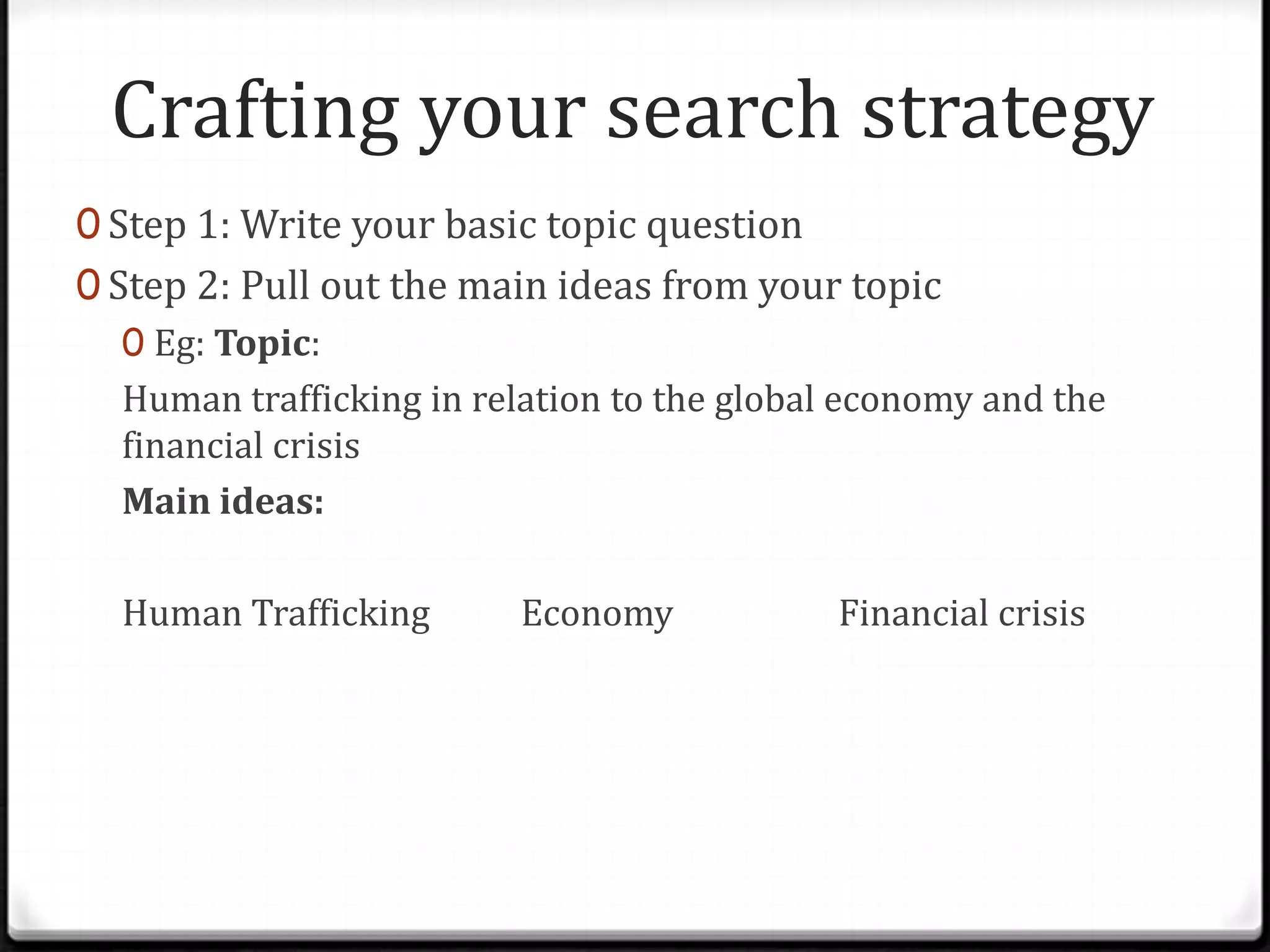 Crafting your search strategy
0 Step 1: Write your basic topic question
0 Step 2: Pull out the main ideas from your topic
0 Eg: Topic:
Human trafficking in relation to the global economy and the
financial crisis
Main ideas:
Human Trafficking

Economy

Financial crisis

 