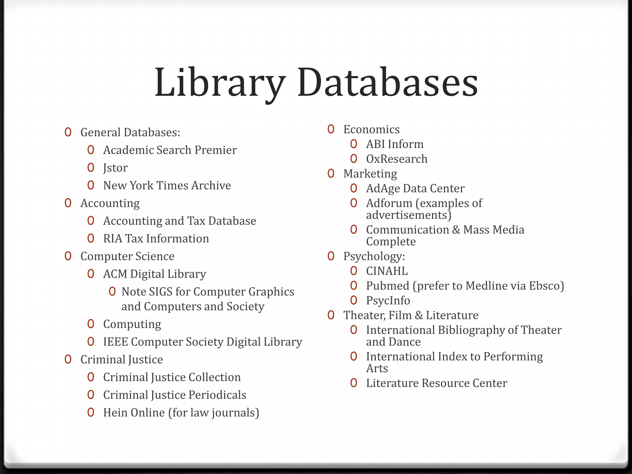 Library Databases
0 General Databases:
0 Academic Search Premier

0 Jstor
0 New York Times Archive
0 Accounting
0 Accounting and Tax Database
0 RIA Tax Information
0 Computer Science

0 ACM Digital Library
0 Note SIGS for Computer Graphics

and Computers and Society
0 Computing
0 IEEE Computer Society Digital Library
0 Criminal Justice
0 Criminal Justice Collection
0 Criminal Justice Periodicals
0 Hein Online (for law journals)

0 Economics
0 ABI Inform
0 OxResearch
0 Marketing
0 AdAge Data Center
0 Adforum (examples of

advertisements)
0 Communication & Mass Media
Complete
0 Psychology:
0 CINAHL
0 Pubmed (prefer to Medline via Ebsco)
0 PsycInfo
0 Theater, Film & Literature
0 International Bibliography of Theater
and Dance
0 International Index to Performing
Arts
0 Literature Resource Center

 