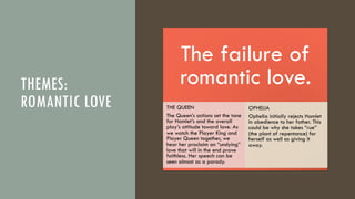 THEMES:
ROMANTIC LOVE
The failure of
romantic love.
THE QUEEN
The Queen’s actions set the tone
for Hamlet’s and the overall
play’s attitude toward love. As
we watch the Player King and
Player Queen together, we
hear her proclaim an “undying”
love that will in the end prove
faithless. Her speech can be
seen almost as a parody.
OPHELIA
Ophelia initially rejects Hamlet
in obedience to her father. This
could be why she takes “rue”
(the plant of repentance) for
herself as well as giving it
away.
 