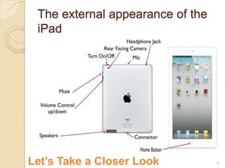 The external appearance of the
 iPad




Let’s Take a Closer Look          4
 
