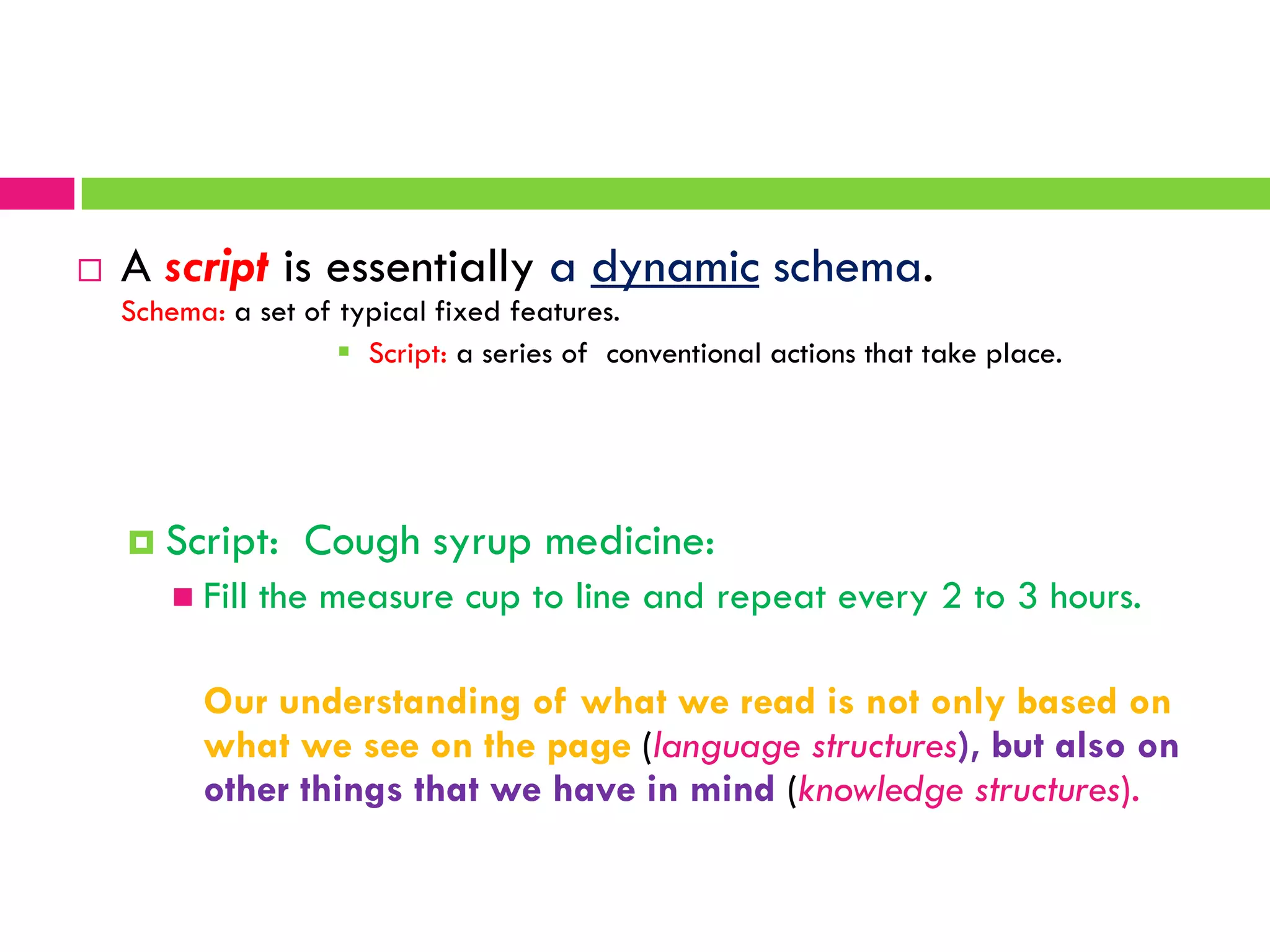  A script is essentially a dynamic schema.
Schema: a set of typical fixed features.
 Script: a series of conventional actions that take place.
 Script: Cough syrup medicine:
 Fill the measure cup to line and repeat every 2 to 3 hours.
Our understanding of what we read is not only based on
what we see on the page (language structures), but also on
other things that we have in mind (knowledge structures).
 