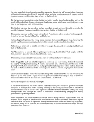 AMCM [38]
He woke up to find the soft morning sunshine streaming through the half-open window. He got up
without making any noise. His wife was still asleep and now breathing evenly. A sudden rush of
tenderness came over him at the sight of her – so slight, so frail.
Tia Maria was nowhere to be seen, but that did not bother him, for it was Sunday and the work in the
south field was finished. However, he missed the pleasant aroma which came from the kitchen every
time he had awakened early in the morning.
The kitchen was neat but cheerless, and an immediate search for wood brought no results. So
shouldering an ax, Pedro descended the rickety stairs that led to the backyard.
The morning was clear and the breeze soft and cool. Pedro took in a deep breath of air. It was good –
it smelt of trees, of the rice fields, of the land he loved.
He found a pile of logs under the young mango tree near the house and began to chop. He swung the
ax with rapid clean sweeps, enjoying the feel of the smooth wooden handle in his palms.
As he stopped for a while to mop his brow, his eyes caught the remnants of a smudge that had been
built in the backyard.
“Ah!” he muttered to himself. “She swept the yard yesterday after I left her. That, coupled with the
heat, must have given her a headache and then the fever.”
The morning breeze stirred the ashes and a piece of white cloth fluttered into view.
Pedro dropped his ax. It was a half-burn panuelo. Somebody had been burning clothes. He examined
the slightly ruined garment closely. A puzzled expression came into his eyes. First it was doubt
groping for truth, then amazement, and finally agonized incredulity passed across his face. He almost
ran back to the house. In three strides he was upstairs. He found his coat hanging from the back of a
chair.
Cautiously he entered the room. The heavy breathing of his wife told him that she was still asleep. As
he stood by the small trunk, a vague distaste to open it assailed to him. Surely he must be mistaken.
She could not have done it, she could not have been that… that foolish.
Resolutely he opened the trunk. It was empty.
It was nearly noon when the doctor arrived. He felt Soledad’s pulse and asked question which she
answered in monosyllables. Pedro stood by listening to the whole procedure with an inscrutable
expression on his face. He had the same expression when the doctor told him that nothing was really
wrong with his wife although she seemed to be worried about something. The physician merely
prescribed a day of complete rest.
Pedro lingered on the porch after the doctor left. He was trying not to be angry with his wife. He
hoped it would be just an interlude that could be recalled without bitterness. She would explain
sooner or later, she would be repentant, perhaps she would even listen and eventually forgive her,
for she was young and he loved her. But somehow he knew that this incident would always remain a
shadow in their lives.###
 