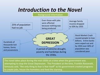Introduction to the Novel Background Information A period of extreme drought, poverty and hardships during the 1930s. GREAT DEPRESSION 25% of population had no job Even those with jobs were affected because nothing was being produced Average family income dropped to 50% by 1935 Hundreds of thousands lost homes, farms and possessions Stock Market Crash caused people to lose billions.  Entire banks were wiped out and by 1933 over 60% of population was considered poor The novel takes place during the mid-1930s at a time when the government was attempting to stop the Great Depression.  The President at the time, Franklin Roosevelt, famously said, “the only thing to fear is fear itself” as his government created programs to create jobs, house the homeless and feed the starving. 