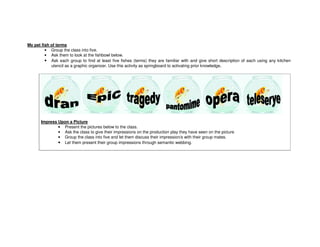 My pet fish of terms
         • Group the class into five.
         • Ask them to look at the fishbowl below.
         • Ask each group to find at least five fishes (terms) they are familiar with and give short description of each using any kitchen
            utencil as a graphic organizer. Use this activity as springboard to activating prior knowledge.




       Impress Upon a Picture
               • Present the pictures below to the class.
               • Ask the class to give their impressions on the production play they have seen on the picture
               • Group the class into five and let them discuss their impression/s with their group mates.
               • Let them present their group impressions through semantic webbing.
 