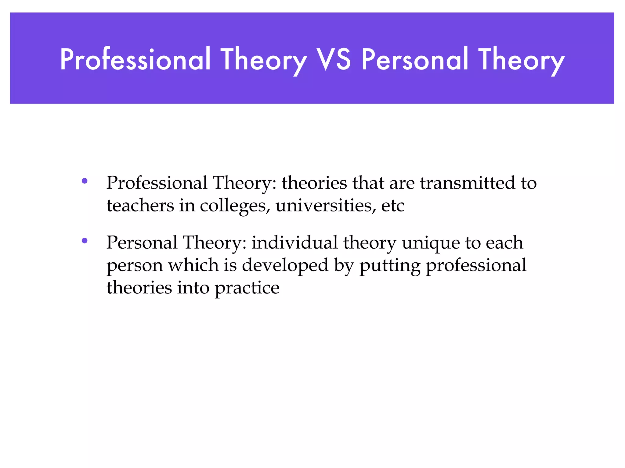 Professional Theory VS Personal Theory Professional Theory: theories that are transmitted to teachers in colleges, universities, etc Personal Theory: individual theory unique to each person which is developed by putting professional theories into practice 