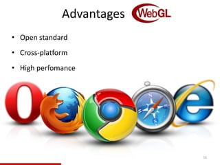 • Open standard
• Cross-platform
• High perfomance
16
Advantages
 