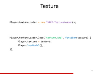 Texture
41
Player.textureLoader = new THREE.TextureLoader();
Player.textureLoader.load("texture.jpg", function(texture) {
Player.texture = texture;
Player.loadModel();
});
 