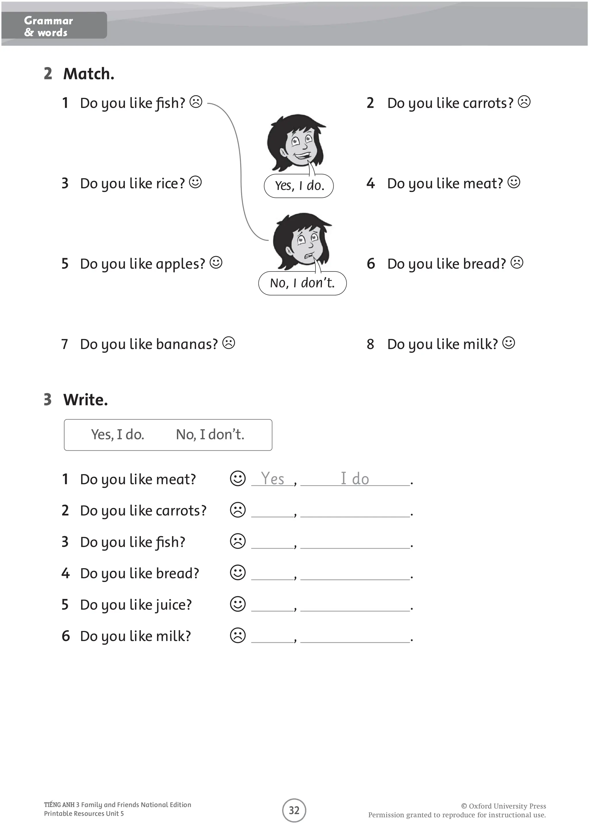 2 Match.
1 Do you like sh?  2 Do you like carrots? 
3 Do you like rice?  4 Do you like meat? 
5 Do you like apples?  6 Do you like bread? 
7 Do you like bananas?  8 Do you like milk? 
No, I don’t.
Yes, I do.
3 Write.
1 Do you like meat?  Yes , I do .
2 Do you like carrots?  , .
3 Do you like sh?  , .
4 Do you like bread?  , .
5 Do you like juice?  , .
6 Do you like milk?  , .
Yes, I do. No, I don’t.
O
O O P O U O U O U
3 Family and Friends National Edition
Printable Resources Unit 5
Grammar
& words
 
