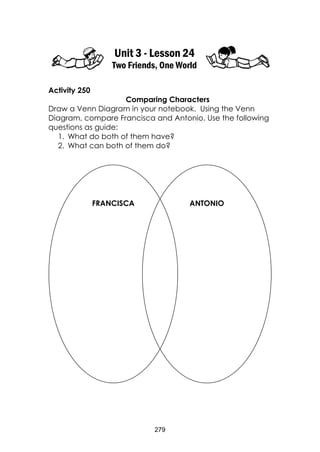 279
Unit 3 - Lesson 24
Two Friends, One World
Activity 250
Comparing Characters
Draw a Venn Diagram in your notebook. Using the Venn
Diagram, compare Francisca and Antonio. Use the following
questions as guide:
1. What do both of them have?
2. What can both of them do?
FRANCISCA ANTONIO
 