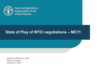1
State of Play of WTO negotiations – MC11
Ekaterina Krivonos, FAO
Tbilisi, Georgia
October 5, 2017
 