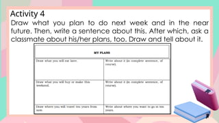 Activity 4
Draw what you plan to do next week and in the near
future. Then, write a sentence about this. After which, ask a
classmate about his/her plans, too. Draw and tell about it.
 