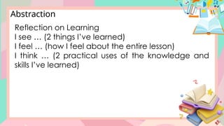 Abstraction
Reflection on Learning
I see … (2 things I’ve learned)
I feel … (how I feel about the entire lesson)
I think … (2 practical uses of the knowledge and
skills I’ve learned)
 