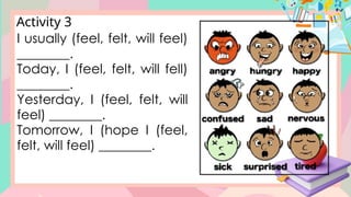 Activity 3
I usually (feel, felt, will feel)
________.
Today, I (feel, felt, will fell)
________.
Yesterday, I (feel, felt, will
feel) ________.
Tomorrow, I (hope I (feel,
felt, will feel) ________.
 