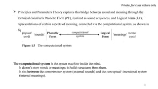 44
Private_for class lecture only
 Principles and Parameters Theory captures this bridge between sound and meaning through the
technical constructs Phonetic Form (PF), realized as sound sequences, and Logical Form (LF),
representations of certain aspects of meaning, connected via the computational system, as shown in
figure 1.5:
The computational system is the syntax machine inside the mind.
It doesn’t store words or meanings; it builds structures from them.
It sits between the sensorimotor system (external sounds) and the conceptual–intentional system
(internal meanings).
 