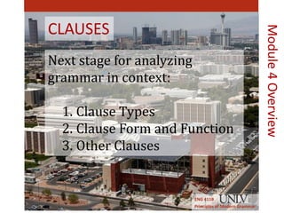 CLAUSES
Next stage for analyzing
grammar in context:
1. Clause Types
2. Clause Form and Function
3. Other Clauses
ENG 411B
Principles of Modern Grammar
Module4Overview
 