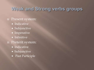  Present system:
 Indicative
 Subjunctive
 Imperative
 Infinitive
 Preterit system:
 Indicative
 Subjunctive
 Past Participle
 