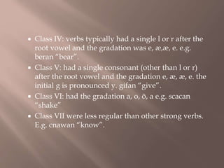 Class IV: verbs typically had a single l or r after the
root vowel and the gradation was e, æ,æ, e. e.g.
beran “bear”.
 Class V: had a single consonant (other than l or r)
after the root vowel and the gradation e, æ, æ, e. the
initial g is pronounced y. gifan “give”.
 Class VI: had the gradation a, o, õ, a e.g. scacan
“shake”
 Class VII were less regular than other strong verbs.
E.g. cnawan “know”.
 