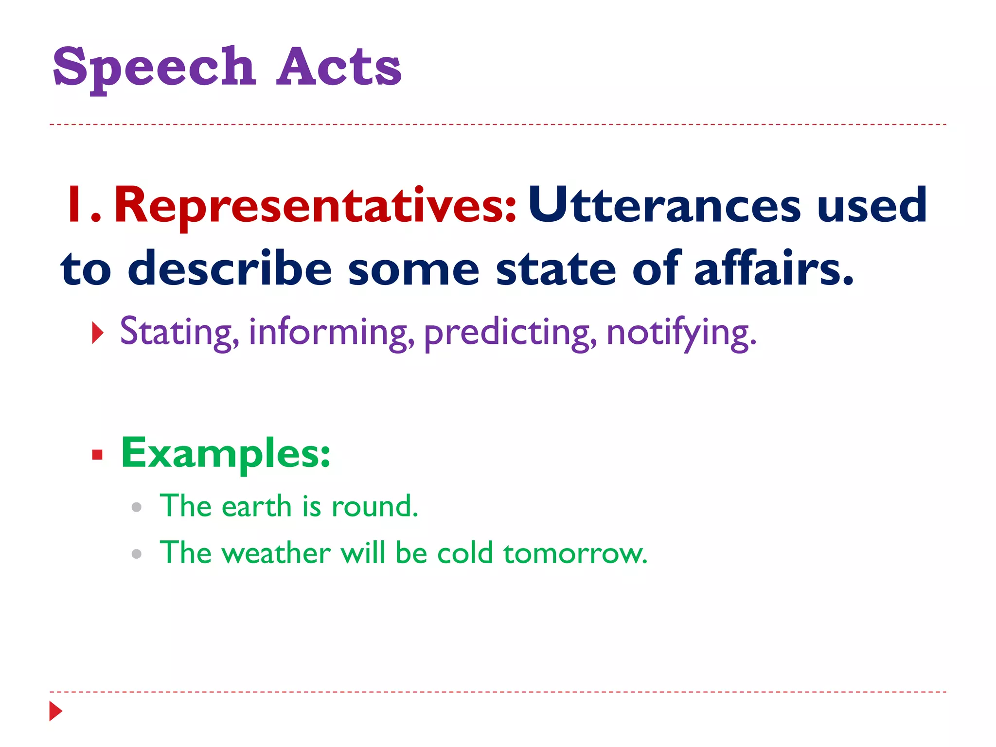 Speech Acts
1. Representatives: Utterances used
to describe some state of affairs.
 Stating, informing, predicting, notifying.
 Examples:
 The earth is round.
 The weather will be cold tomorrow.
 