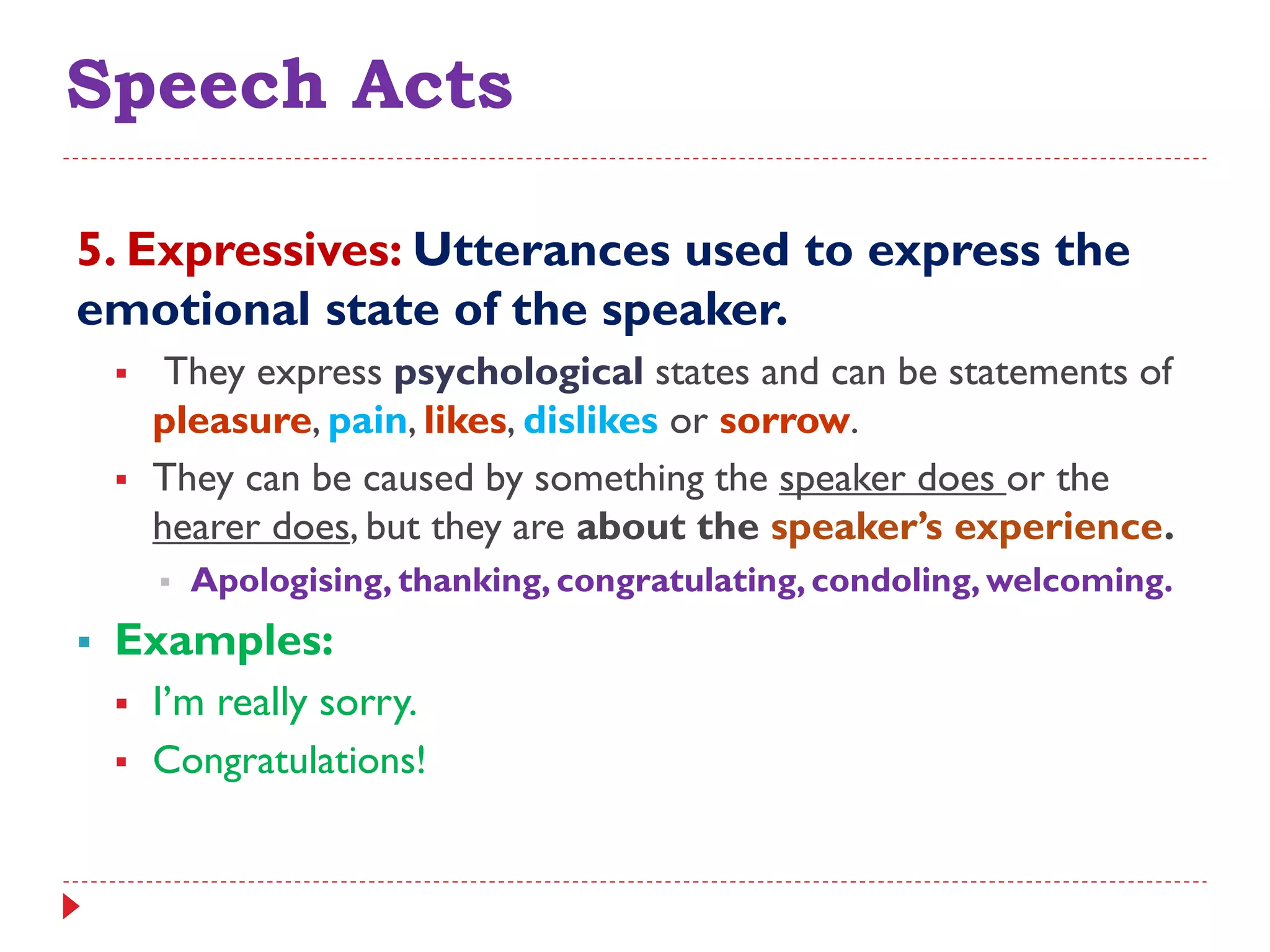 Speech Acts
5. Expressives: Utterances used to express the
emotional state of the speaker.
 They express psychological states and can be statements of
pleasure, pain, likes, dislikes or sorrow.
 They can be caused by something the speaker does or the
hearer does, but they are about the speaker’s experience.
 Apologising, thanking, congratulating, condoling, welcoming.
 Examples:
 I‟m really sorry.
 Congratulations!
 