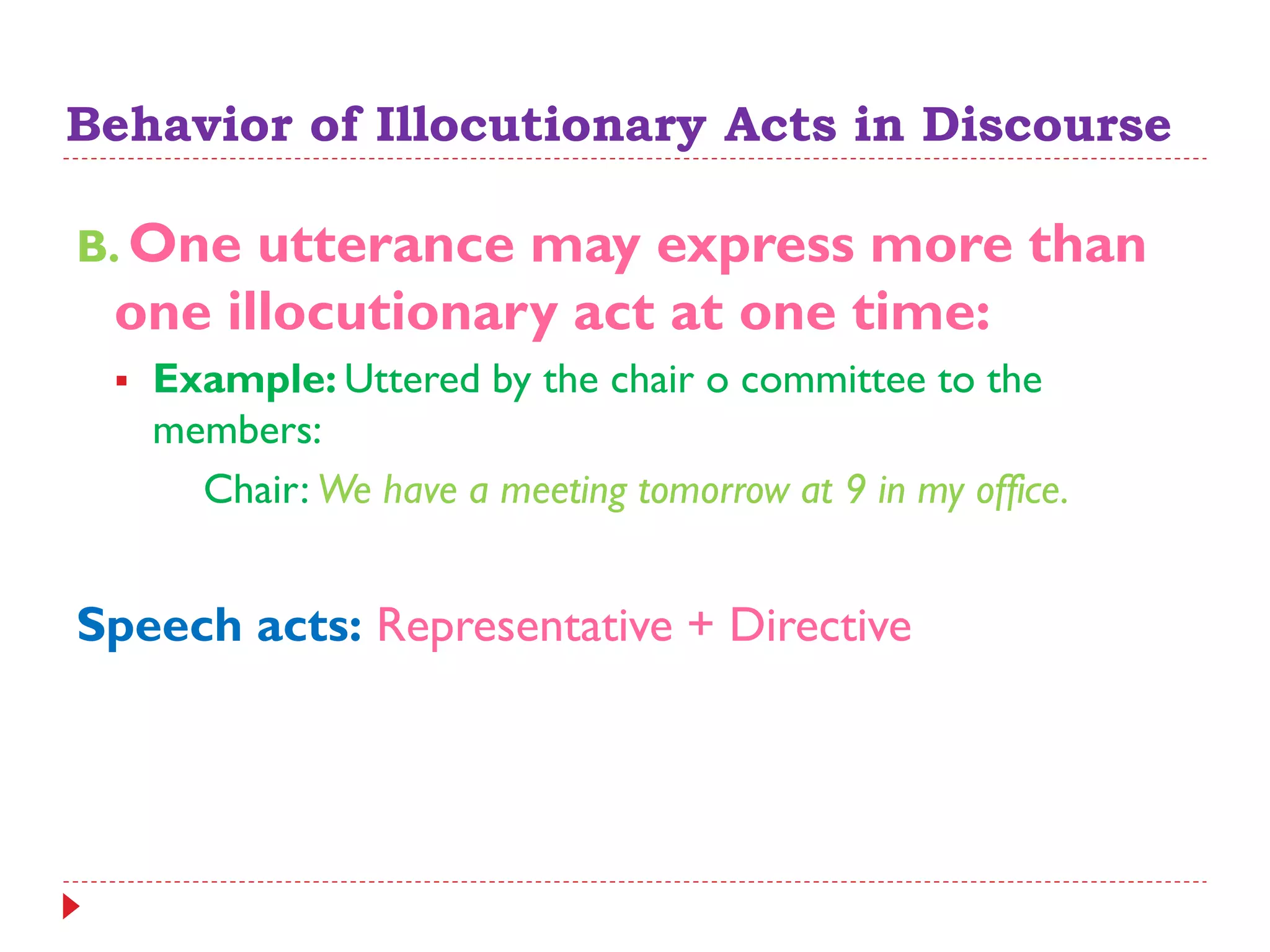 Behavior of Illocutionary Acts in Discourse
B. One utterance may express more than
one illocutionary act at one time:
 Example: Uttered by the chair o committee to the
members:
Chair: We have a meeting tomorrow at 9 in my office.
Speech acts: Representative + Directive
 