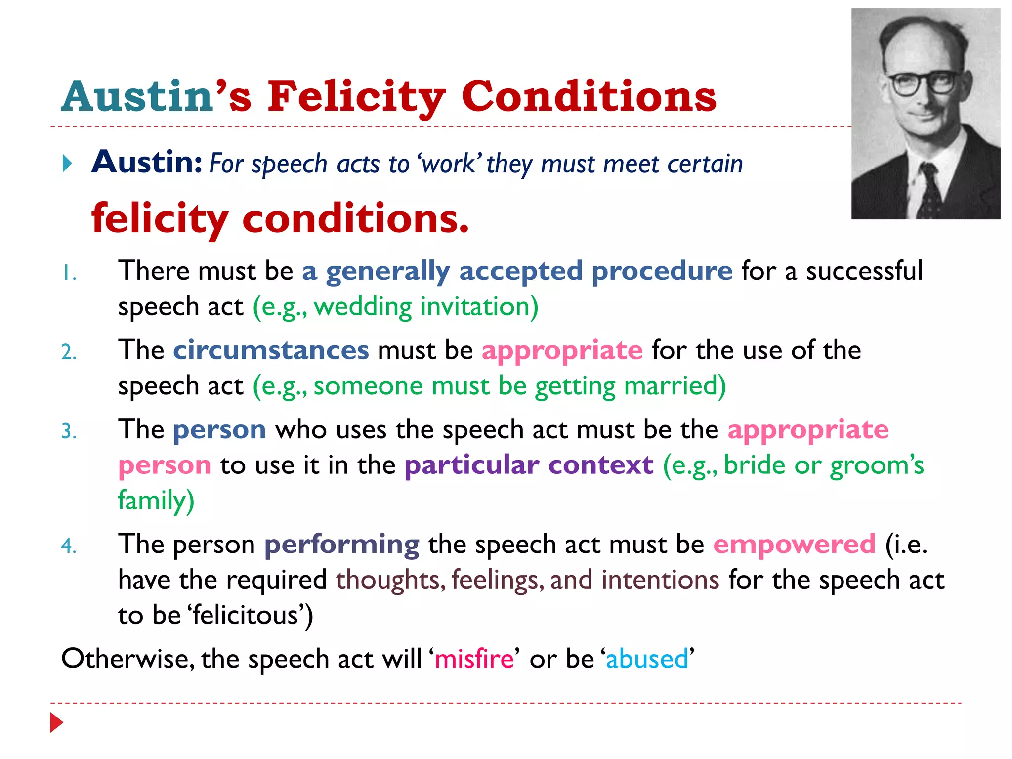 Austin’s Felicity Conditions
 Austin: For speech acts to „work‟ they must meet certain
felicity conditions.
1. There must be a generally accepted procedure for a successful
speech act (e.g., wedding invitation)
2. The circumstances must be appropriate for the use of the
speech act (e.g., someone must be getting married)
3. The person who uses the speech act must be the appropriate
person to use it in the particular context (e.g., bride or groom‟s
family)
4. The person performing the speech act must be empowered (i.e.
have the required thoughts, feelings, and intentions for the speech act
to be „felicitous‟)
Otherwise, the speech act will „misfire‟ or be „abused‟
 